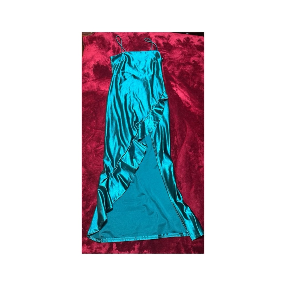 Teal Satin Ruffle Dress